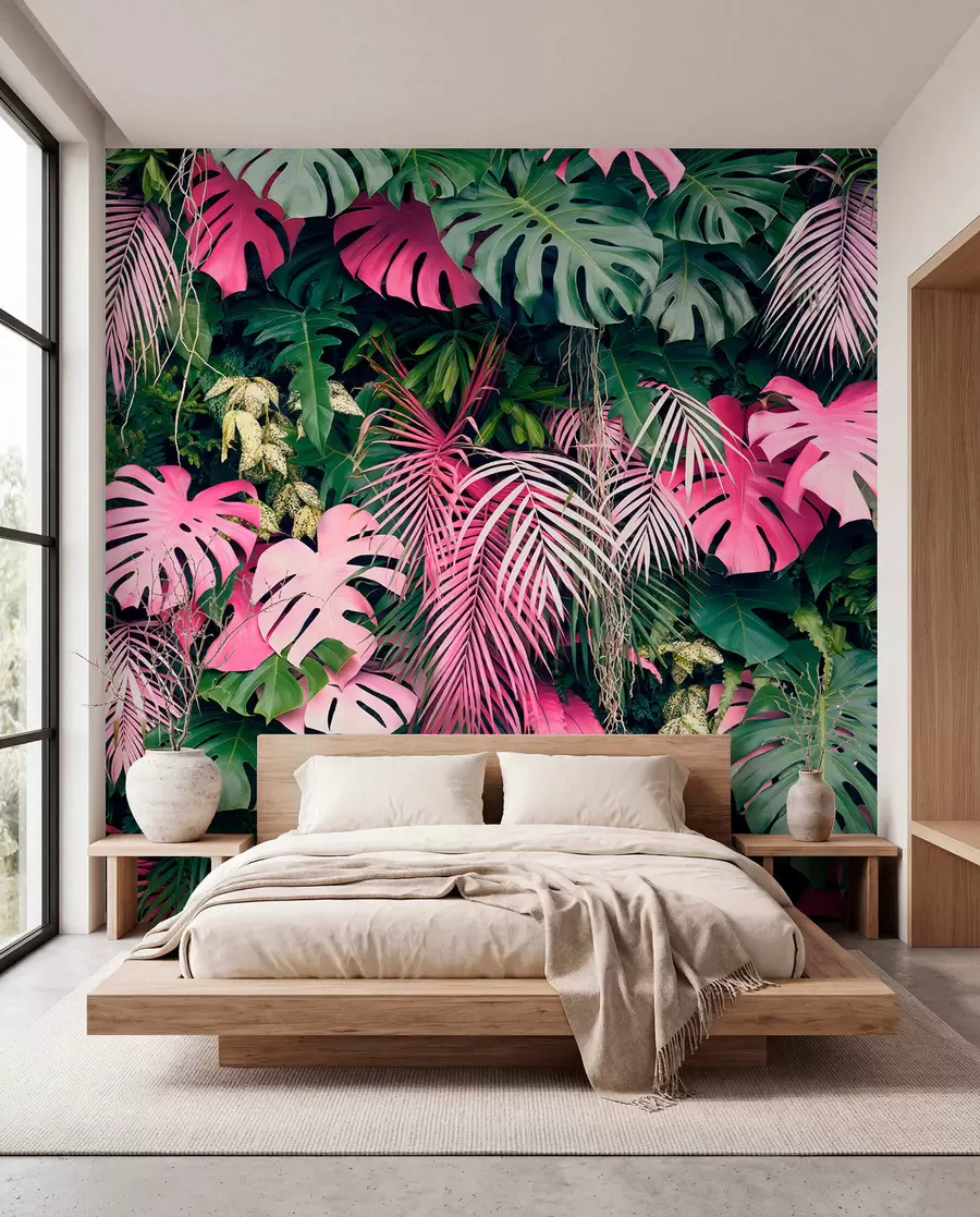 murais de parede Folhagem verde e rosa u79682