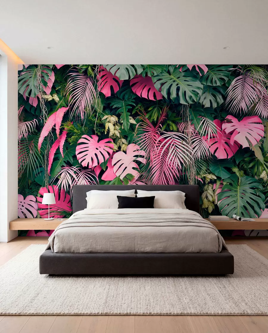 murais de parede Folhagem verde e rosa u79682