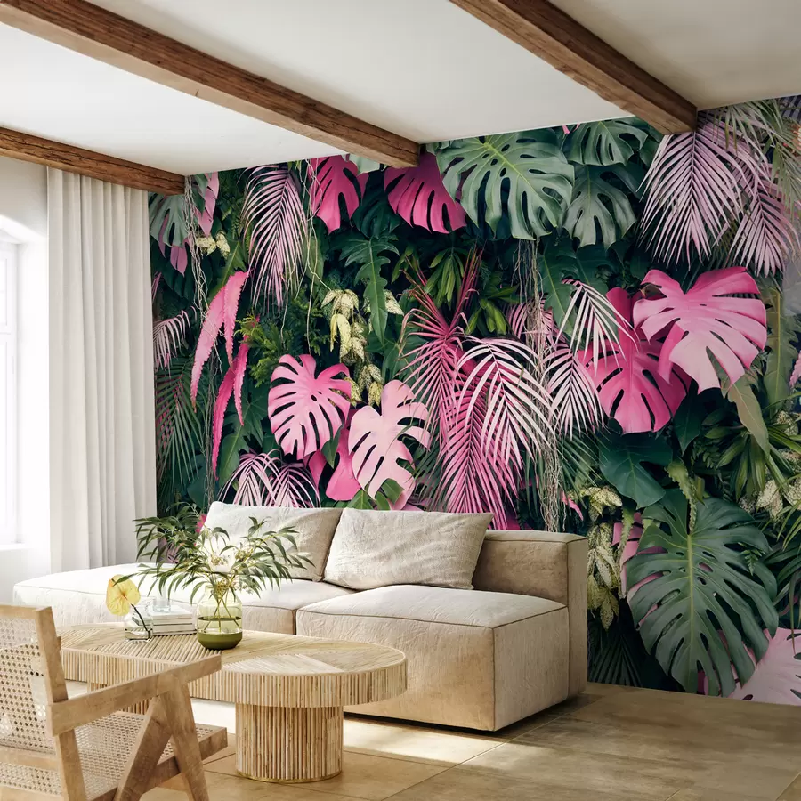 murais de parede Folhagem verde e rosa u79682