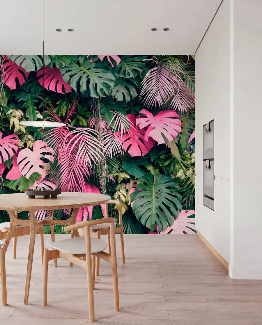 murais de parede Folhagem verde e rosa u79682