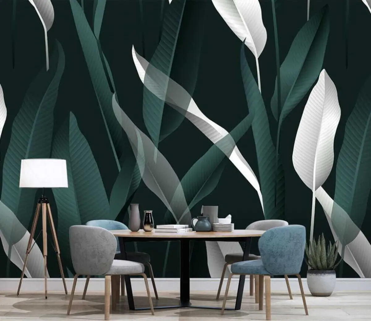 murais de parede Folhas brancas e verdes u10347