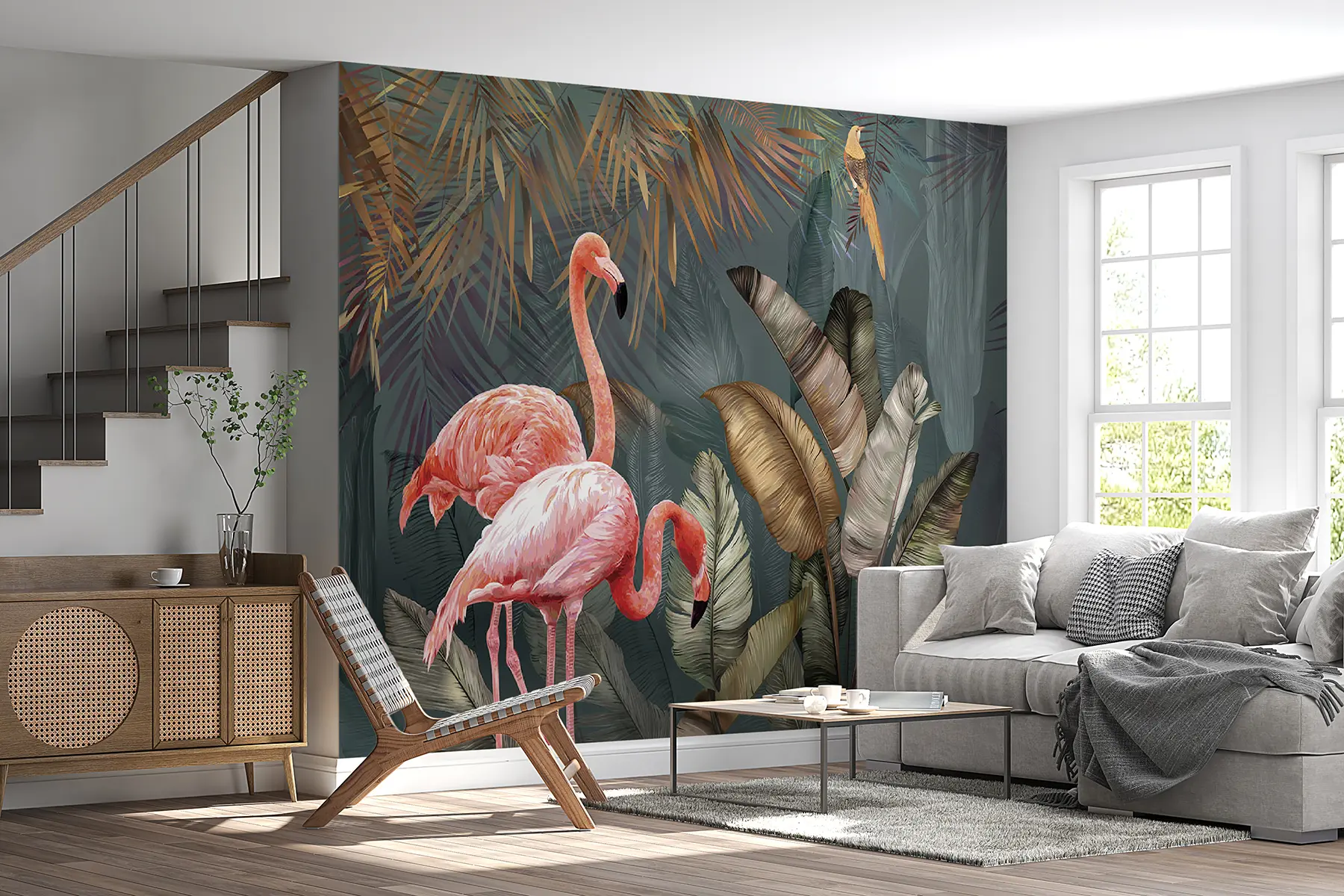 murais de parede Flamingos na floresta tropical u21344