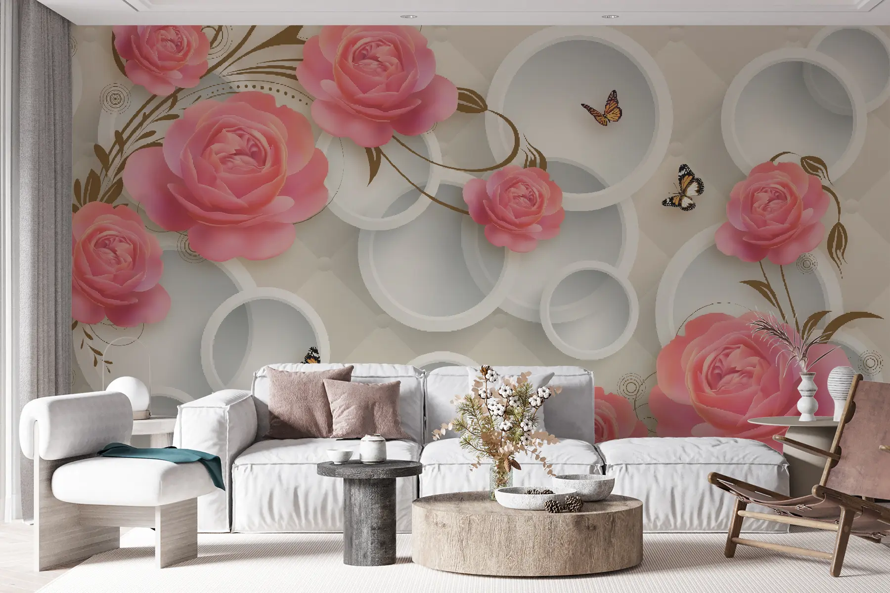 murais de parede Rosas cor de rosa e cachos u22883