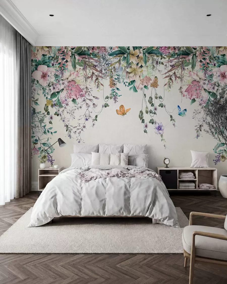 murais de parede Flores exóticas e borboletas u30601