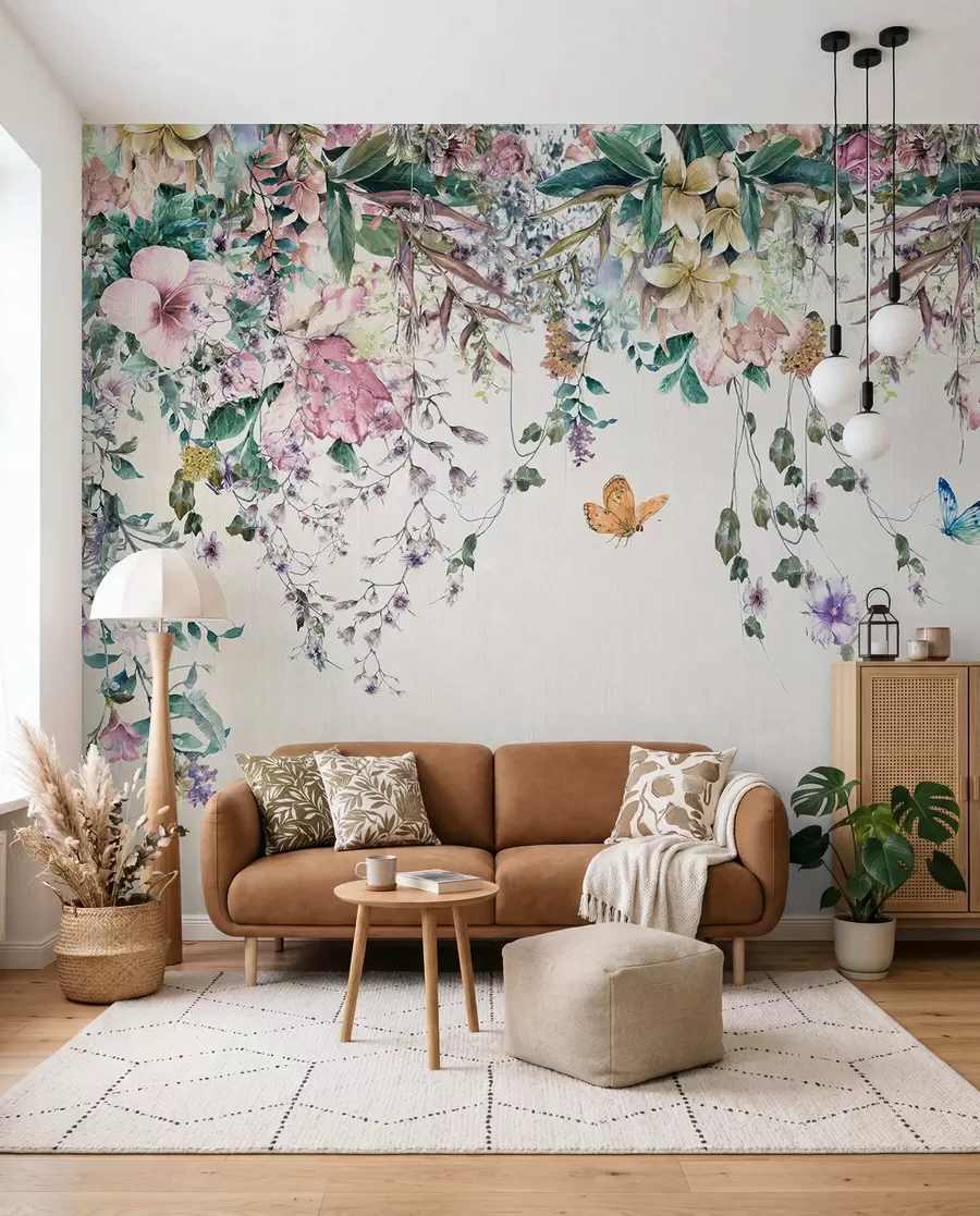 murais de parede Flores exóticas e borboletas u30601