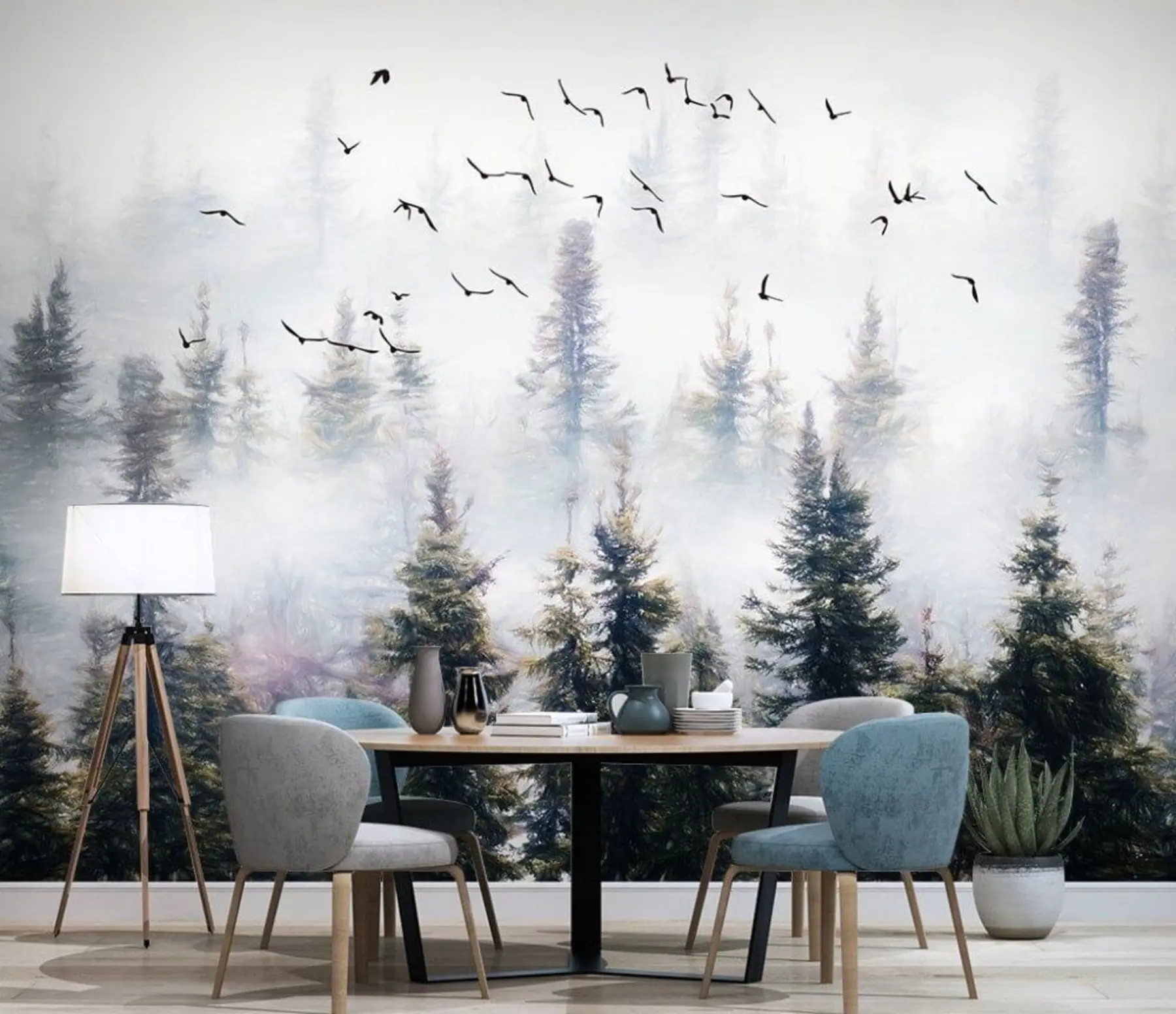 murais de parede Floresta de nevoeiro e pássaros u32237