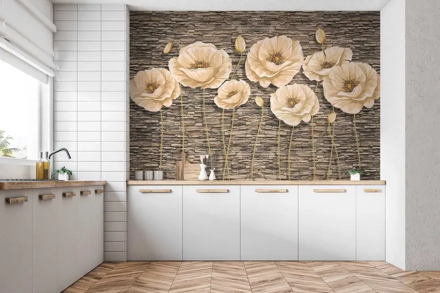 murais de parede Flores no fundo de uma parede de pedra u41855