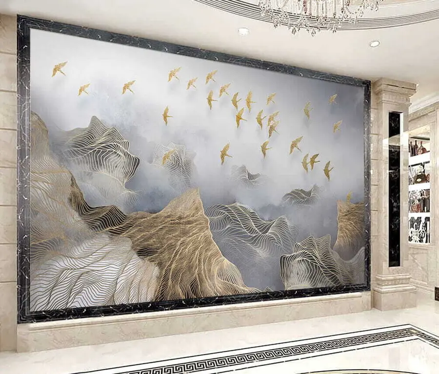 murais de parede Uma paisagem maravilhosa com montanhas e pássaros é desenhada a partir de linhas finas u44870