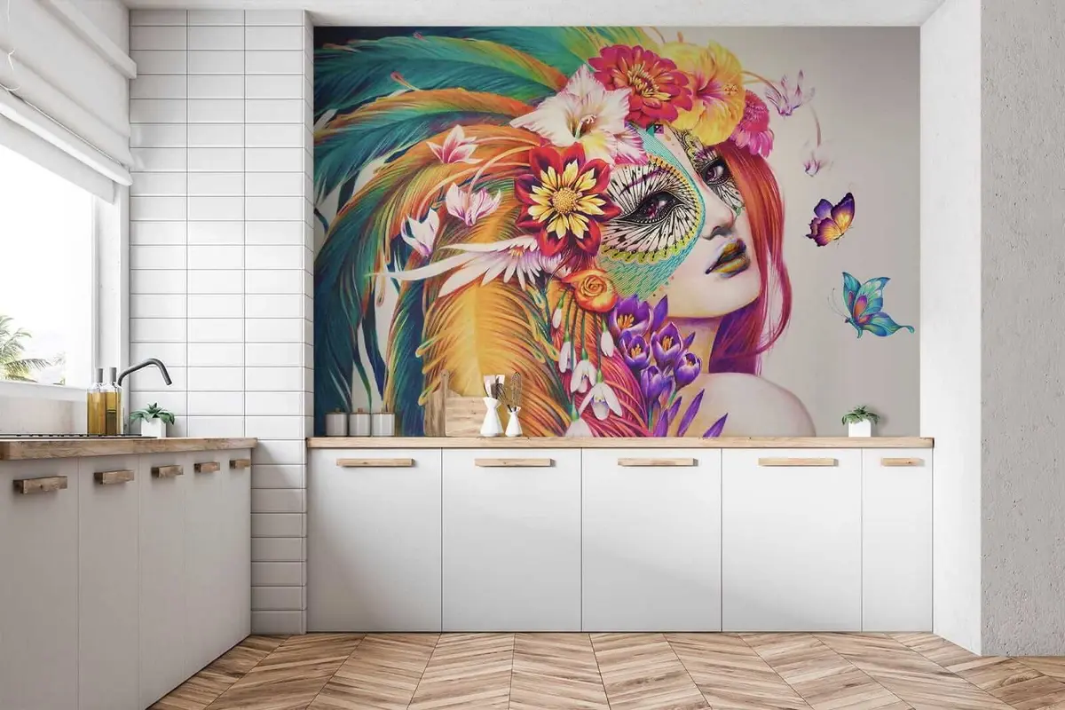 murais de parede Menina com penas e flores u46277