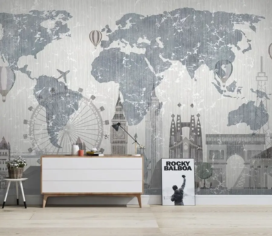 murais de parede Mapa do mundo em tons de cinza u53138