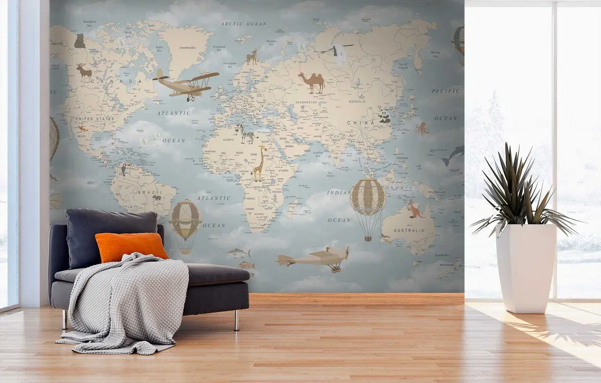 murais de parede Mapa infantil do mundo com aeronaves u60135