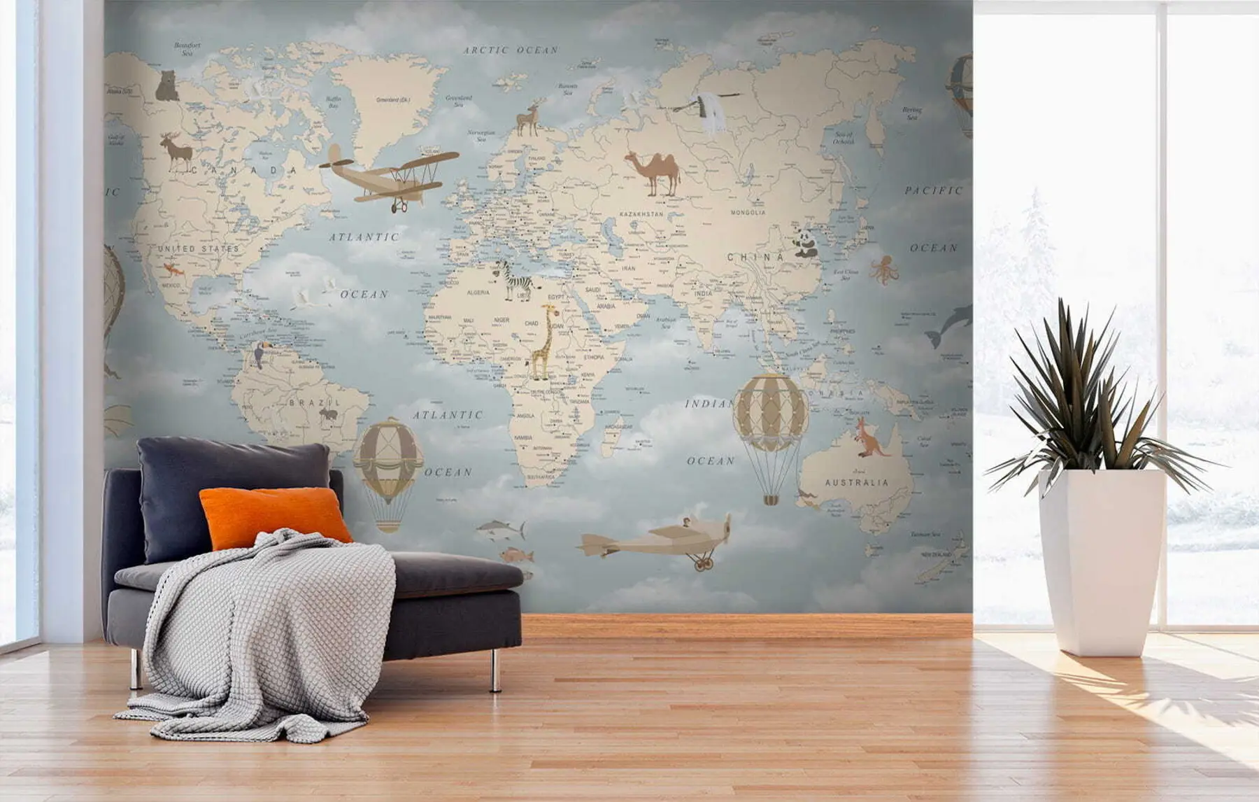 murais de parede Mapa infantil do mundo com aeronaves u60135