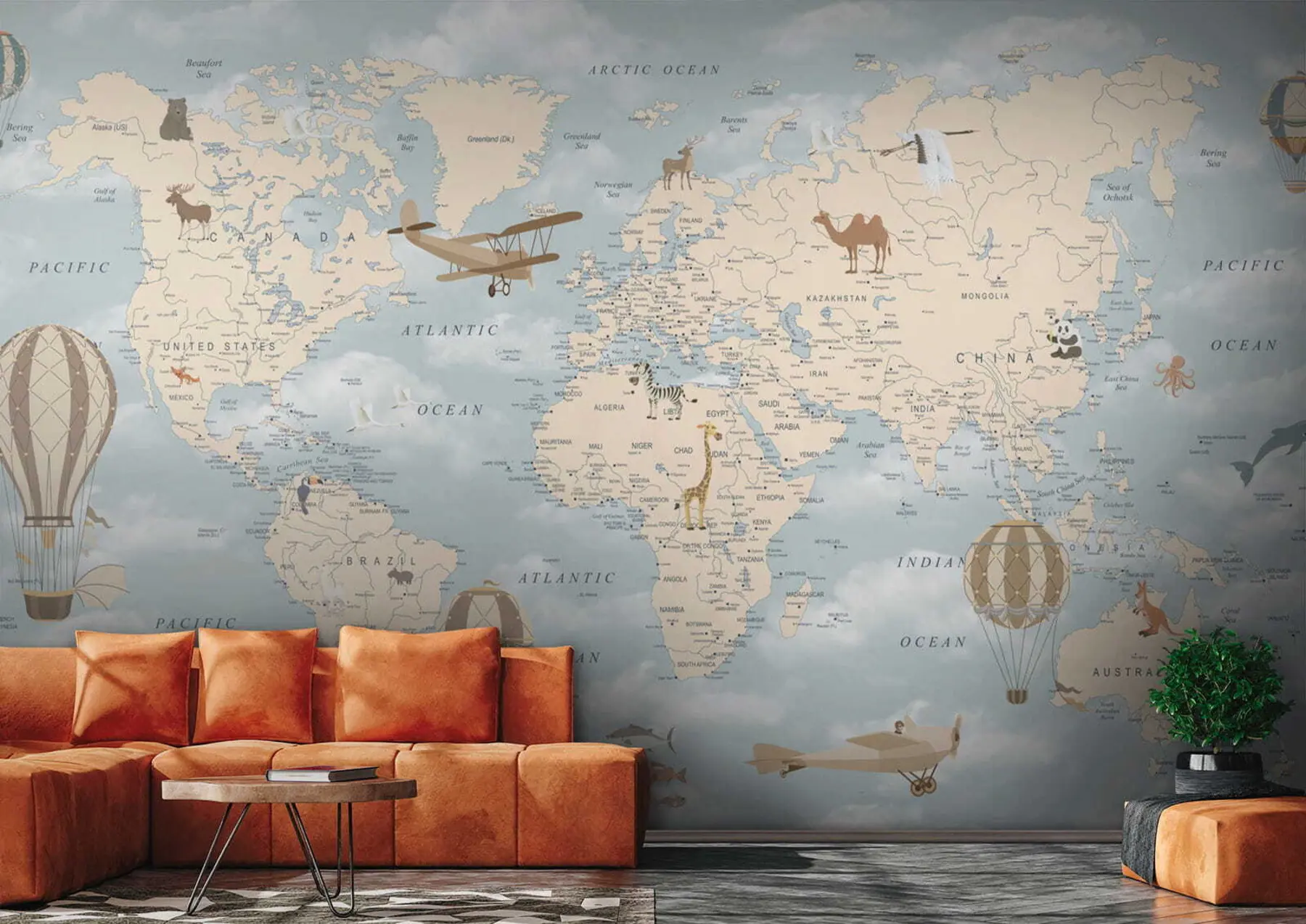 murais de parede Mapa infantil do mundo com aeronaves u60135