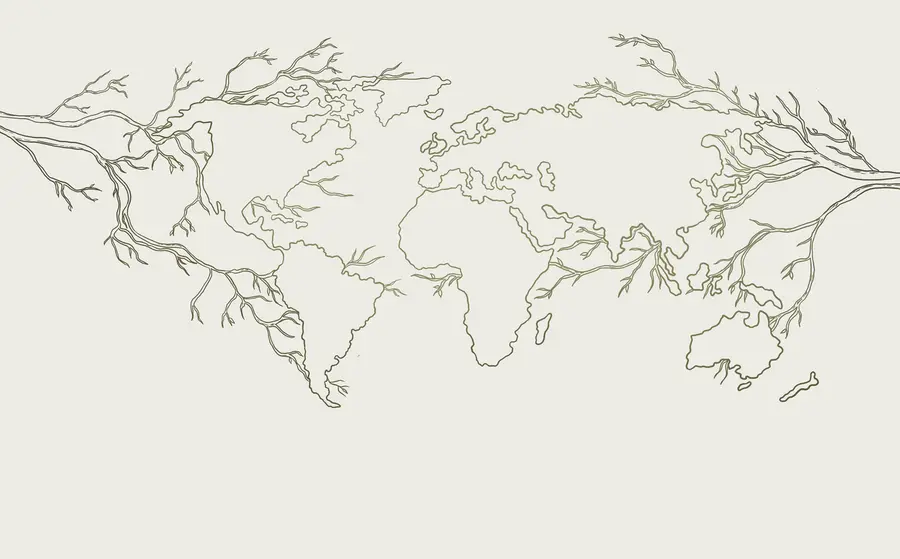 murais de parede Mapa-mundo, ramos de árvores, desenho de linhas, minimalismo, natureza, verde u99731v1