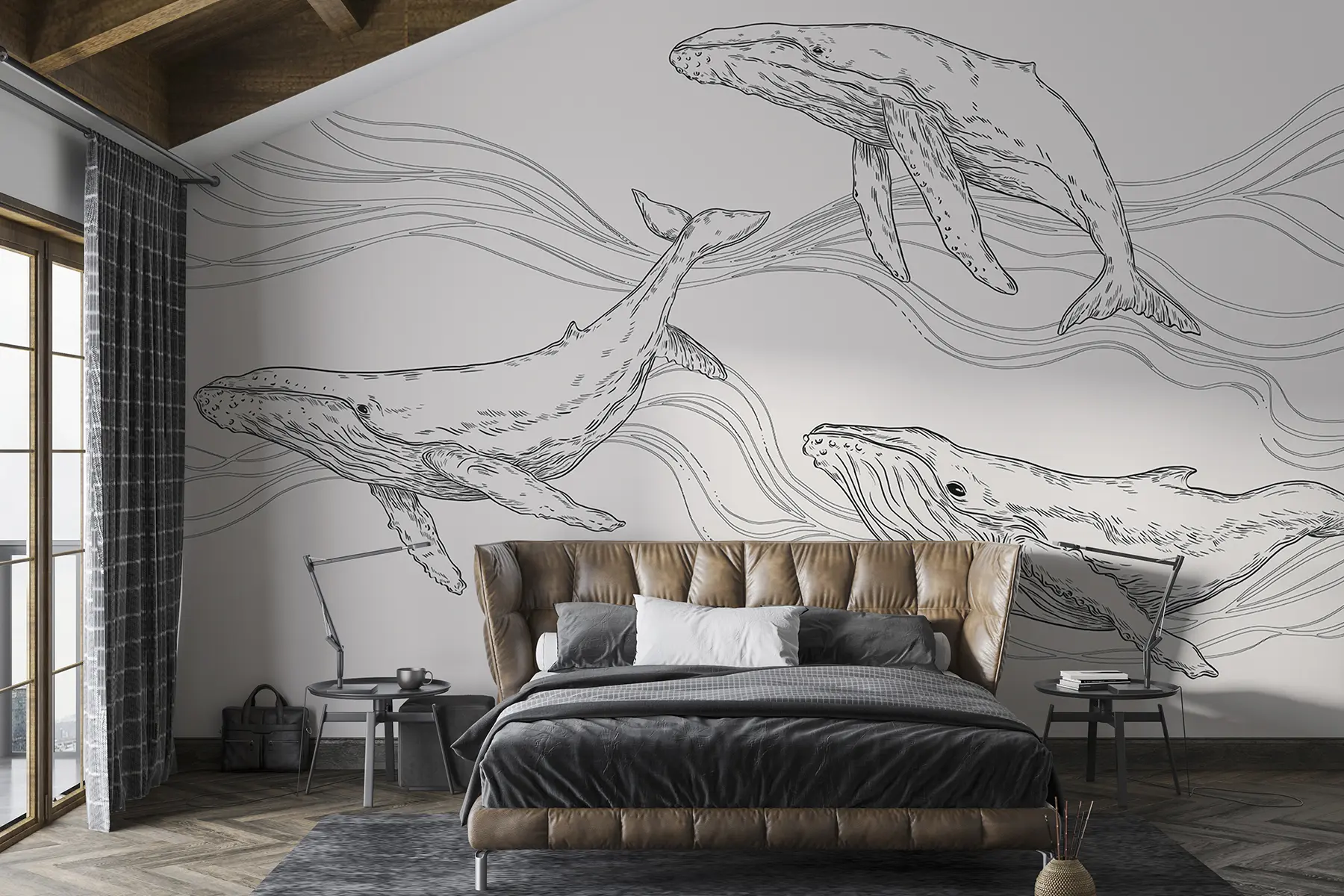 murais de parede Baleias no oceano, animais marinhos, arte de linhas, minimalismo, cores a preto e branco u99733v4