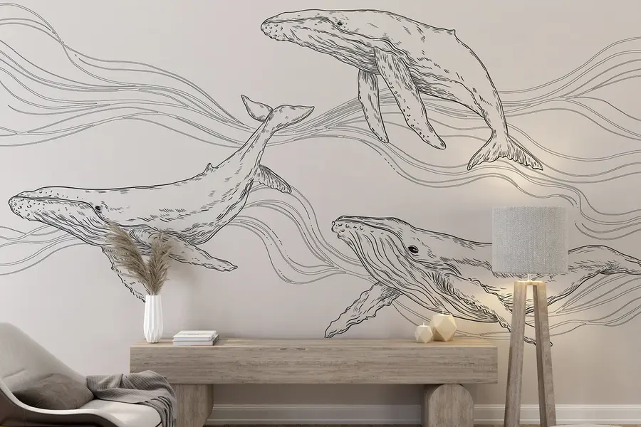 murais de parede Baleias no oceano, animais marinhos, arte de linhas, minimalismo, cores a preto e branco u99733v4