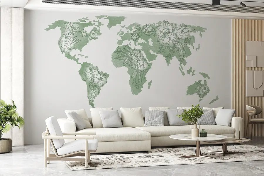 murais de parede Mapa-mundo floral, ornamental, peónias, lírio, cor verde, desenho a traço u99734v3