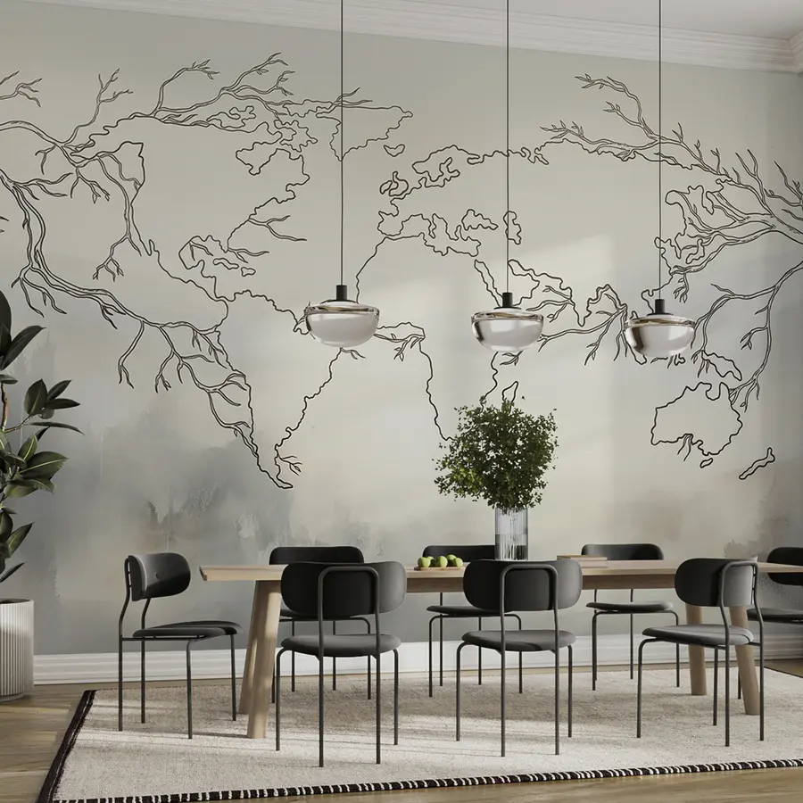 murais de parede Mapa-mundo, ramos de árvores, desenho de linhas, minimalismo, fundo com textura bege u99737