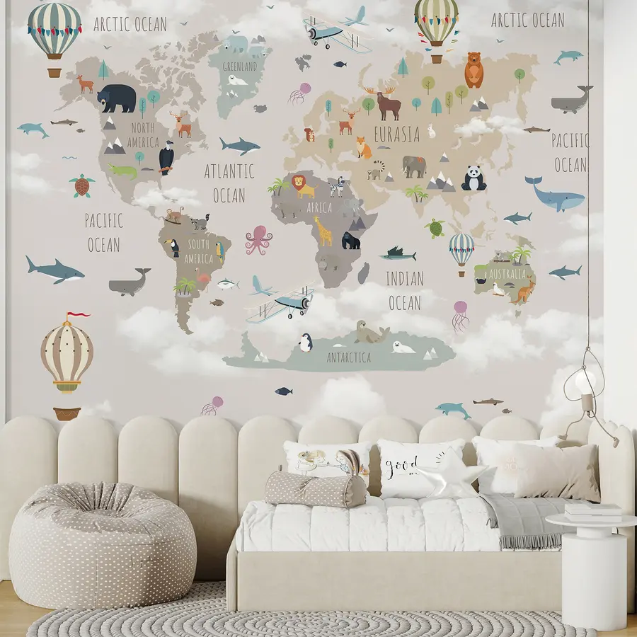 murais de parede Mapa-mundo com animais e balões u96461d1