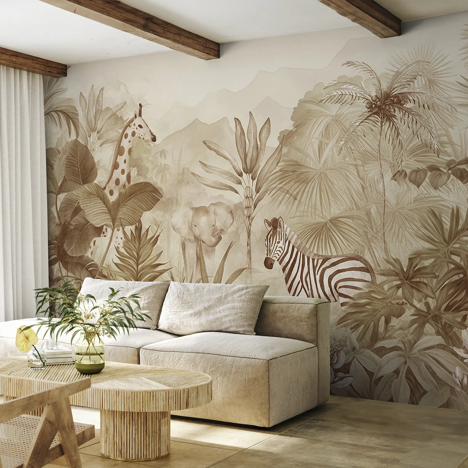 murais de parede Floresta na selva, palmeiras, girafa, elefante, zebra, aguarela, cor bege, bananeira, flores w00089v1