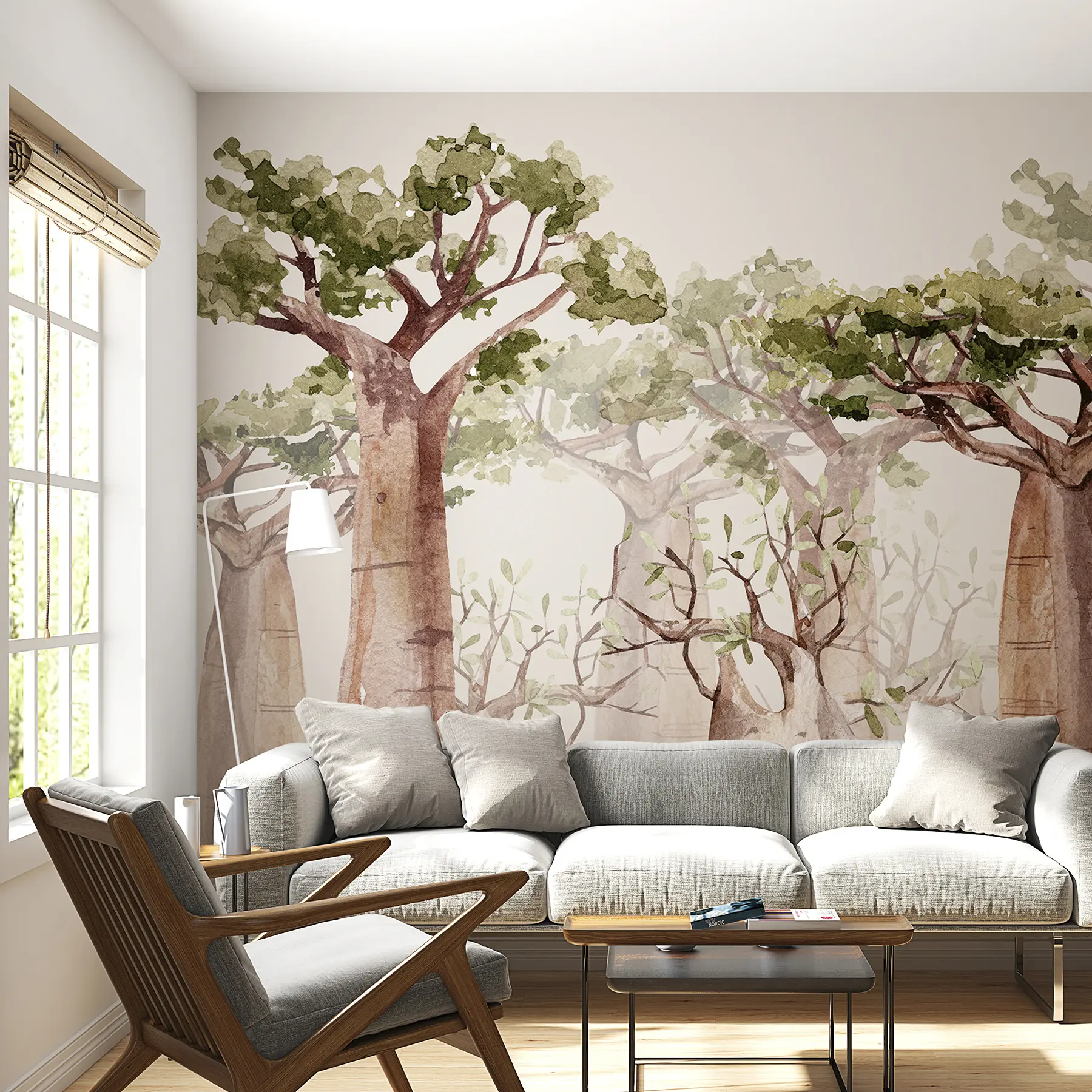 murais de parede Baobá, tema safari, floresta, cores bege e verde w00082