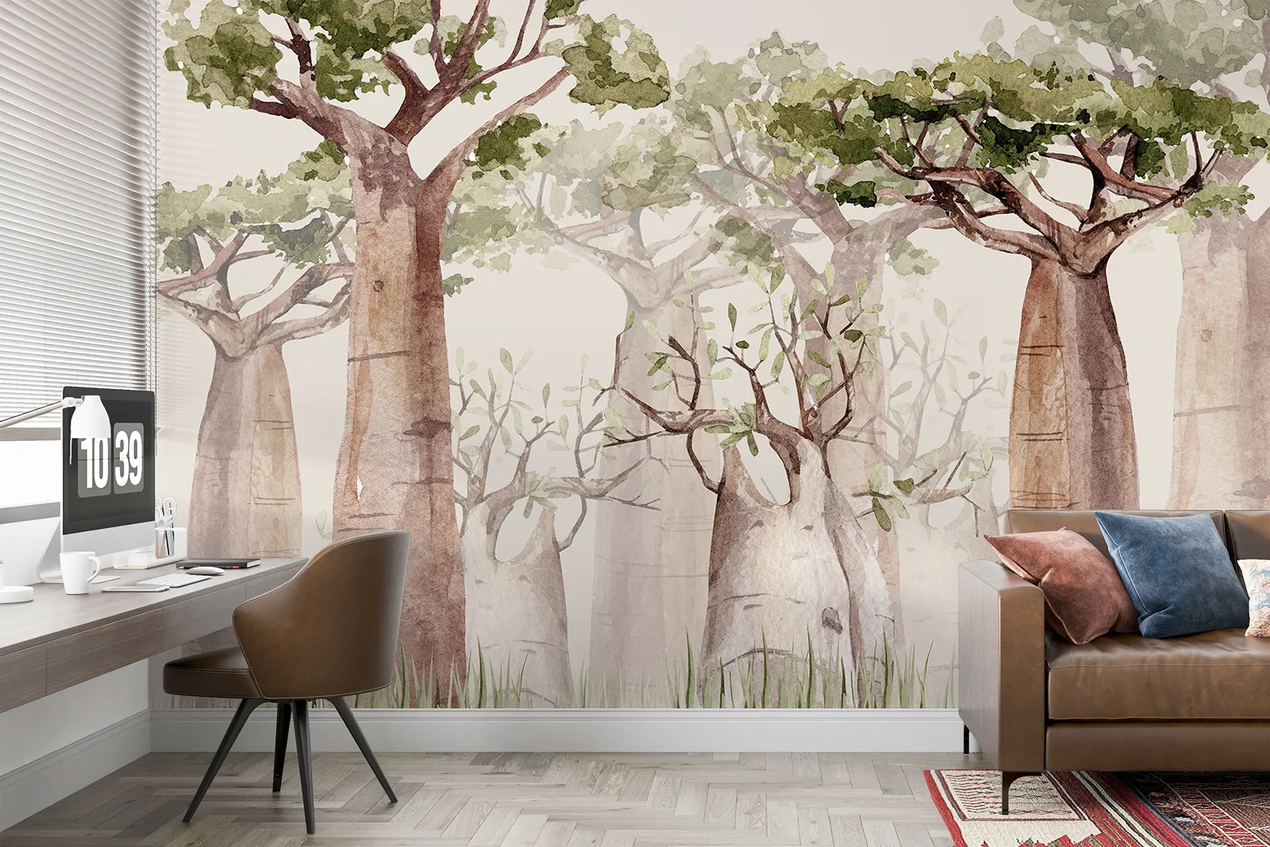 murais de parede Baobá, tema safari, floresta, cores bege e verde w00082