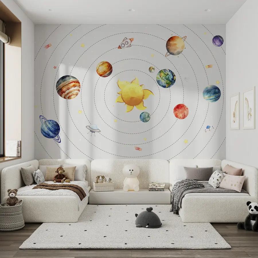 murais de parede Sistema solar, planetas, sol, foguetão, ufo, satélite, estrelas, fundo branco  w00214