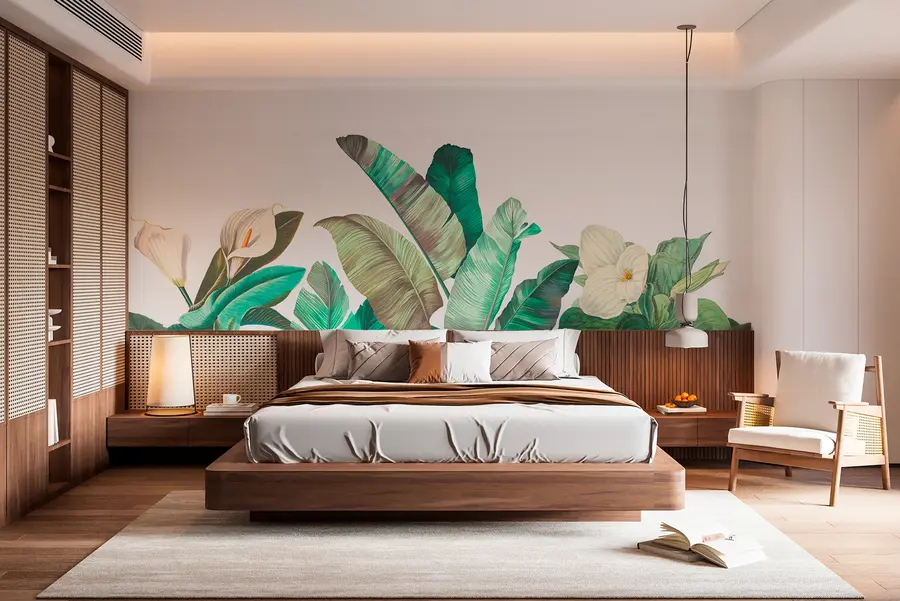 murais de parede Folhagem tropical moderna com flores coloridas w00186v1