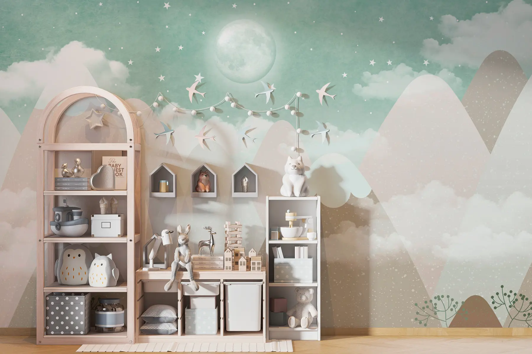 murais de parede Lua sobre montanhas nevadas ilustração infantil em verde w00374v3