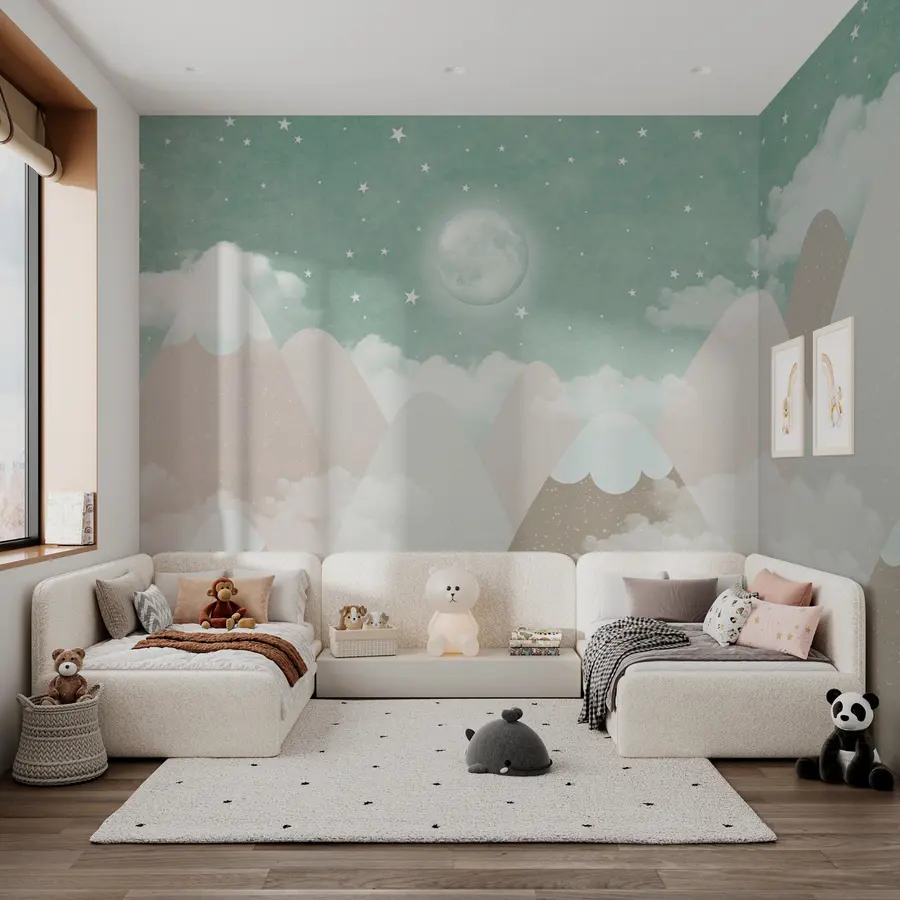 murais de parede Lua sobre montanhas nevadas ilustração infantil em verde w00374v3