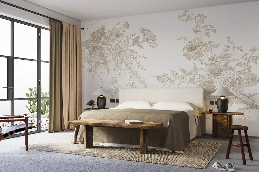 murais de parede Ornamento floral, minimalismo, arte de linhas, estilo boho, rústico, peónia, margarida, cores bege, prado w00381v4