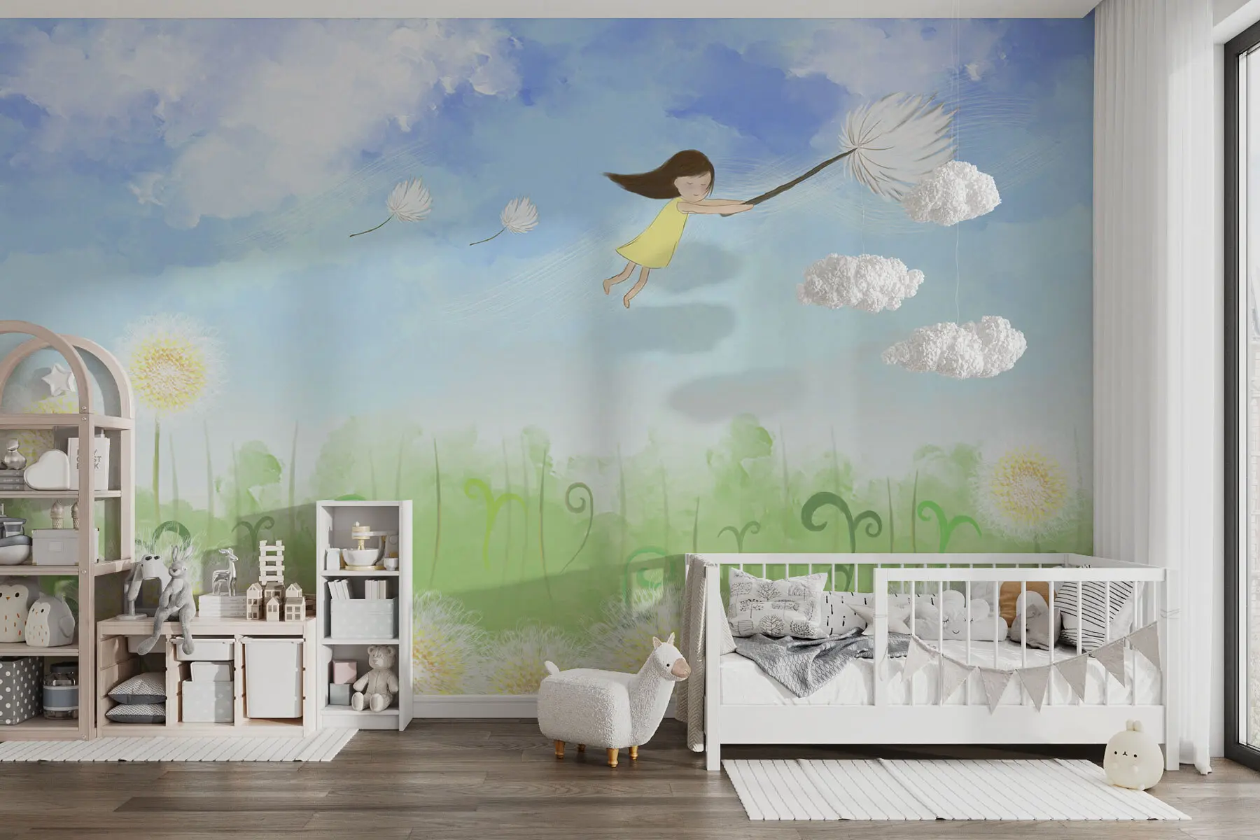 murais de parede Paisagem infantil com uma menina e dentes de leão w00229