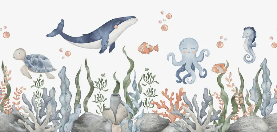 murais de parede Mundo subaquático com baleia, polvo, tartaruga w00383
