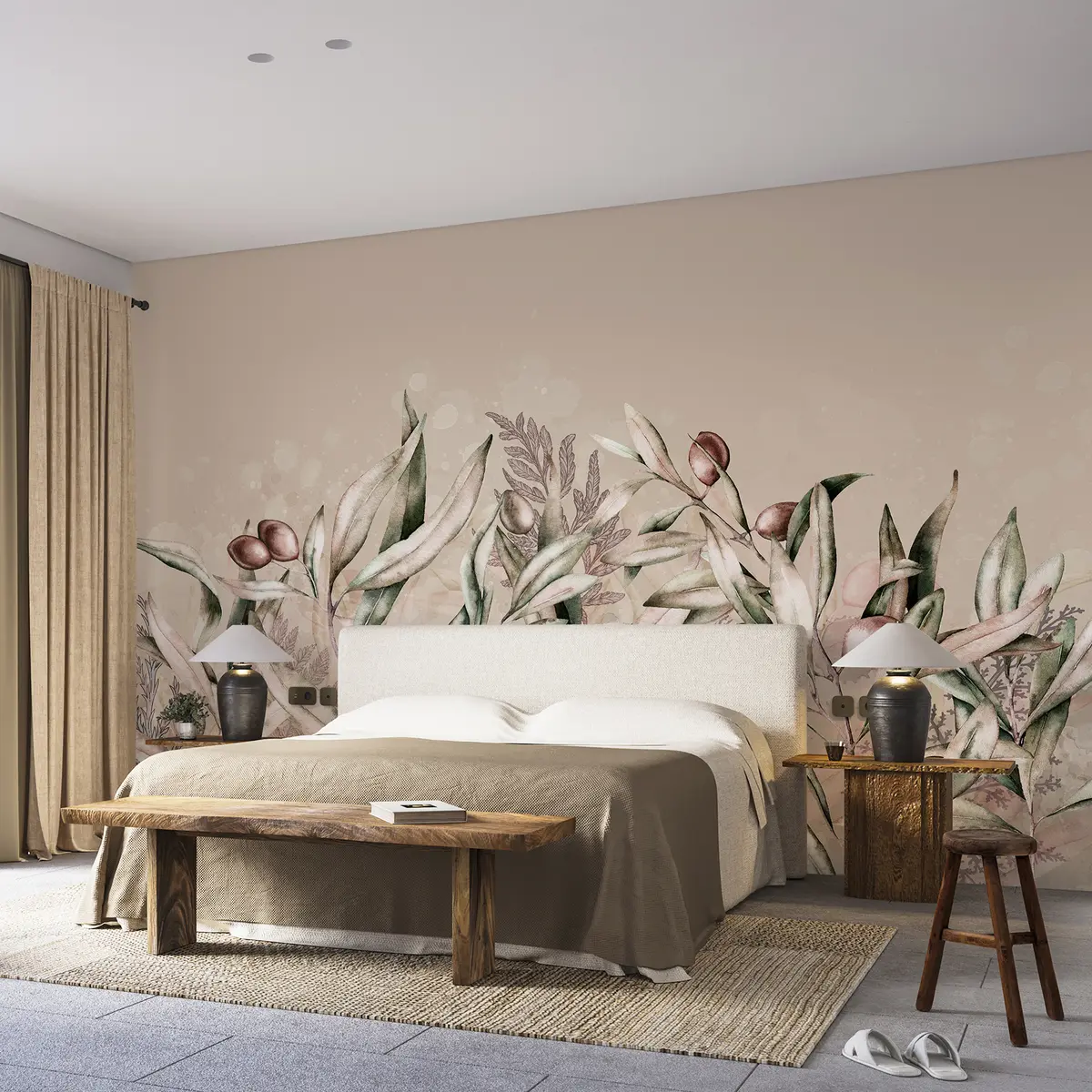 murais de parede Ilustração de azeitonas, design floral, tropical, aquarela, folhas grandes, cores bege w00407v1