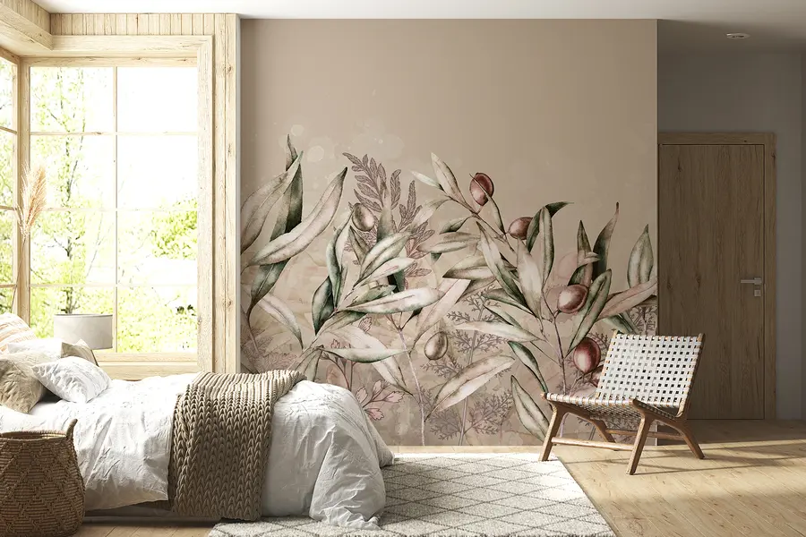 murais de parede Ilustração de azeitonas, design floral, tropical, aquarela, folhas grandes, cores bege w00407v1