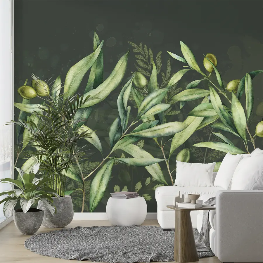 murais de parede Ilustração de azeitonas, design floral, tropical, aquarela, folhas grandes, fundo escuro  w00407v4