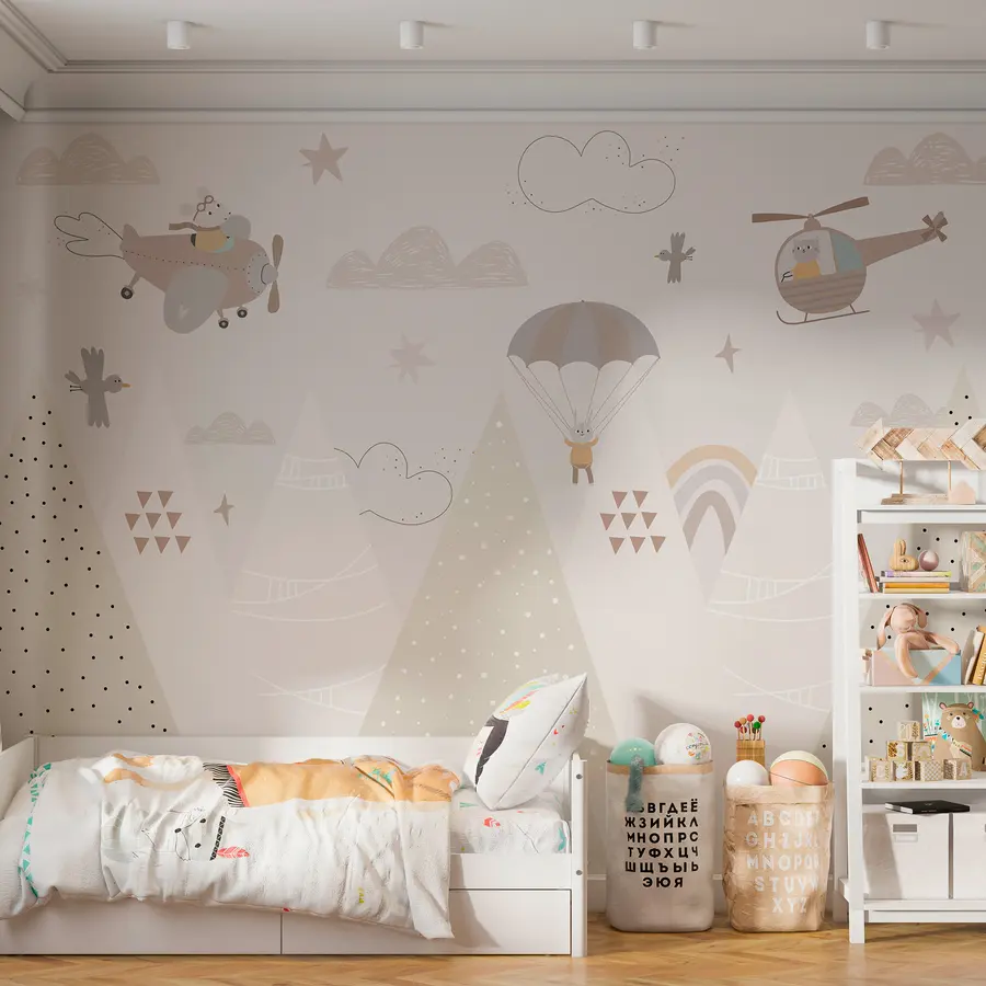 murais de parede Montanhas bege com helicóptero, avião e animais w00414