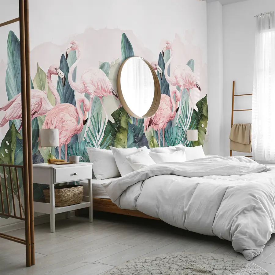 murais de parede Flamingos nas folhas tropicais, aquarela, cores rosa e verde w00505