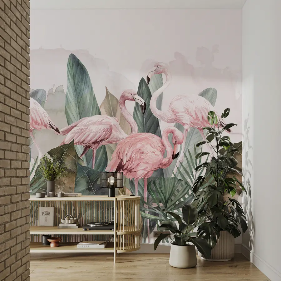 murais de parede Flamingos nas folhas tropicais, aquarela, rosa e verde-oliva w00505v1