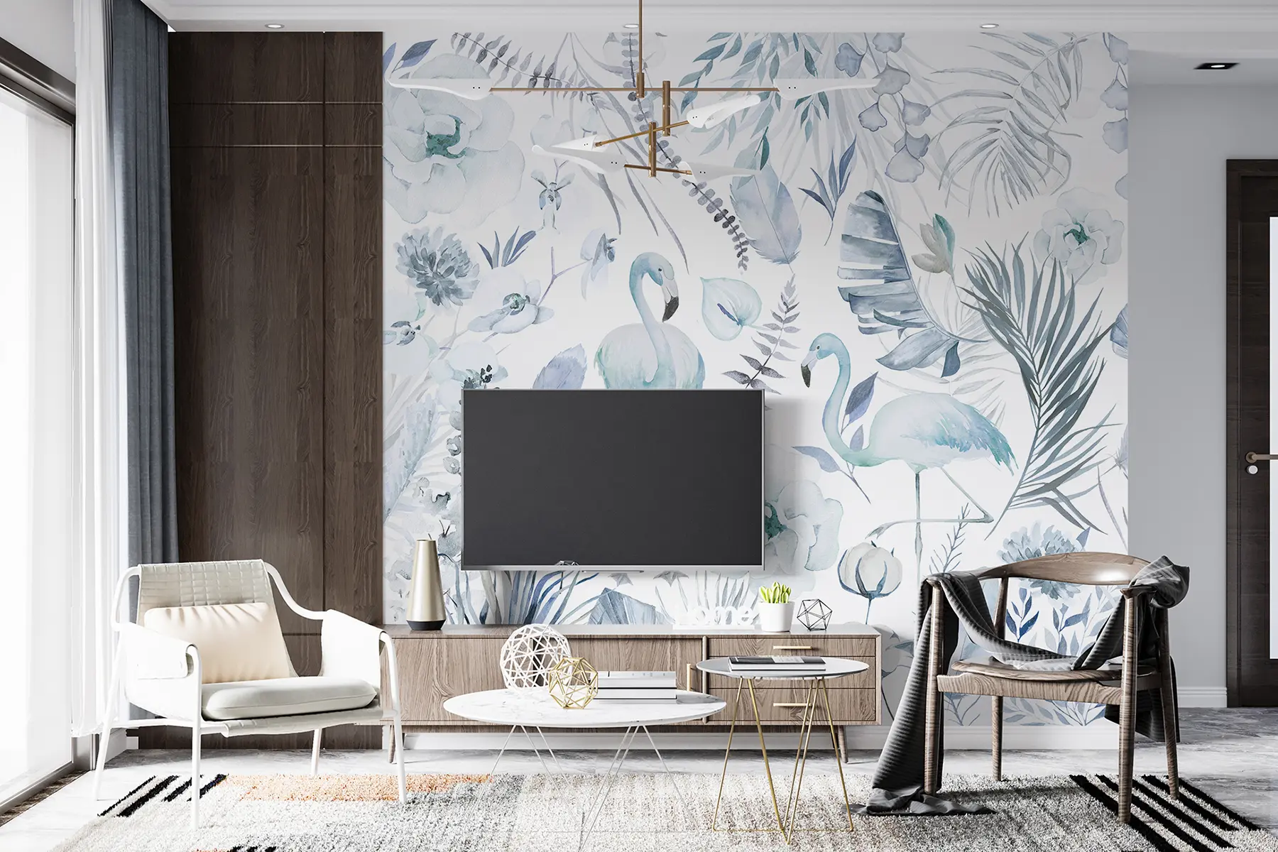 murais de parede Arte em aquarela estilo Boho, flamingos, folhas tropicais, algodão, orquídea, peônia, cor azul w00507v1