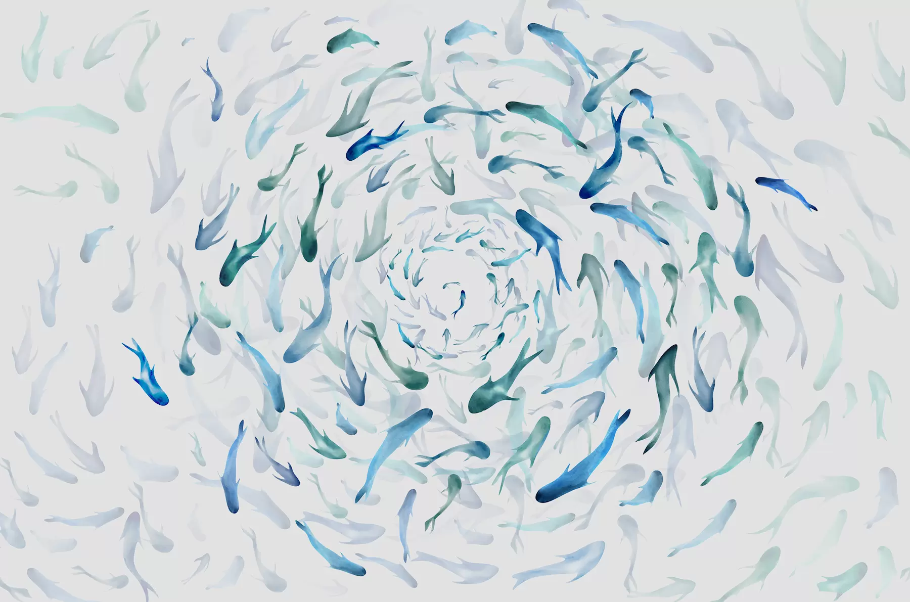 murais de parede Peixe girando em um redemoinho, dança de peixe, aquarela, tubarão, composição abstrata, minimalismo, azul, cor verde w00510