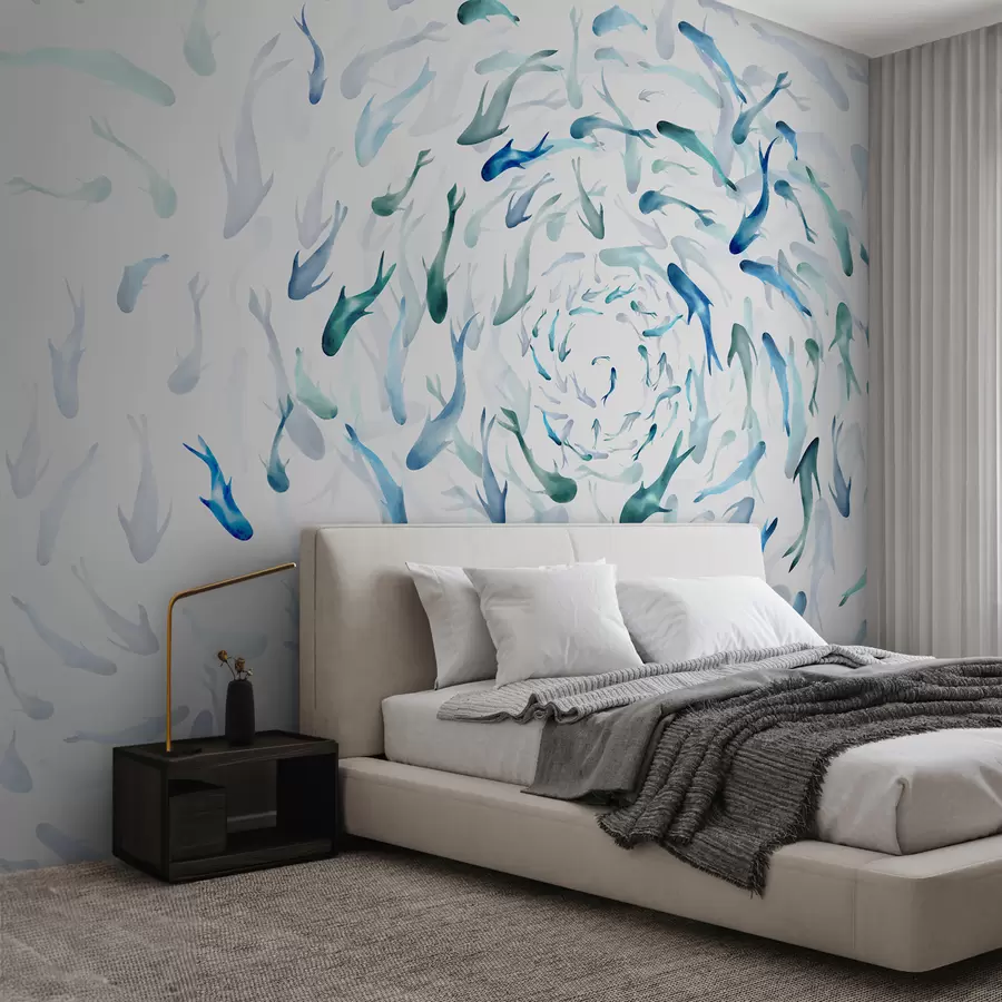 murais de parede Peixe girando em um redemoinho, dança de peixe, aquarela, tubarão, composição abstrata, minimalismo, azul, cor verde w00510