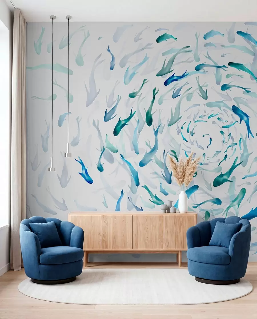 murais de parede Peixe girando em um redemoinho, dança de peixe, aquarela, tubarão, composição abstrata, minimalismo, azul, cor verde w00510