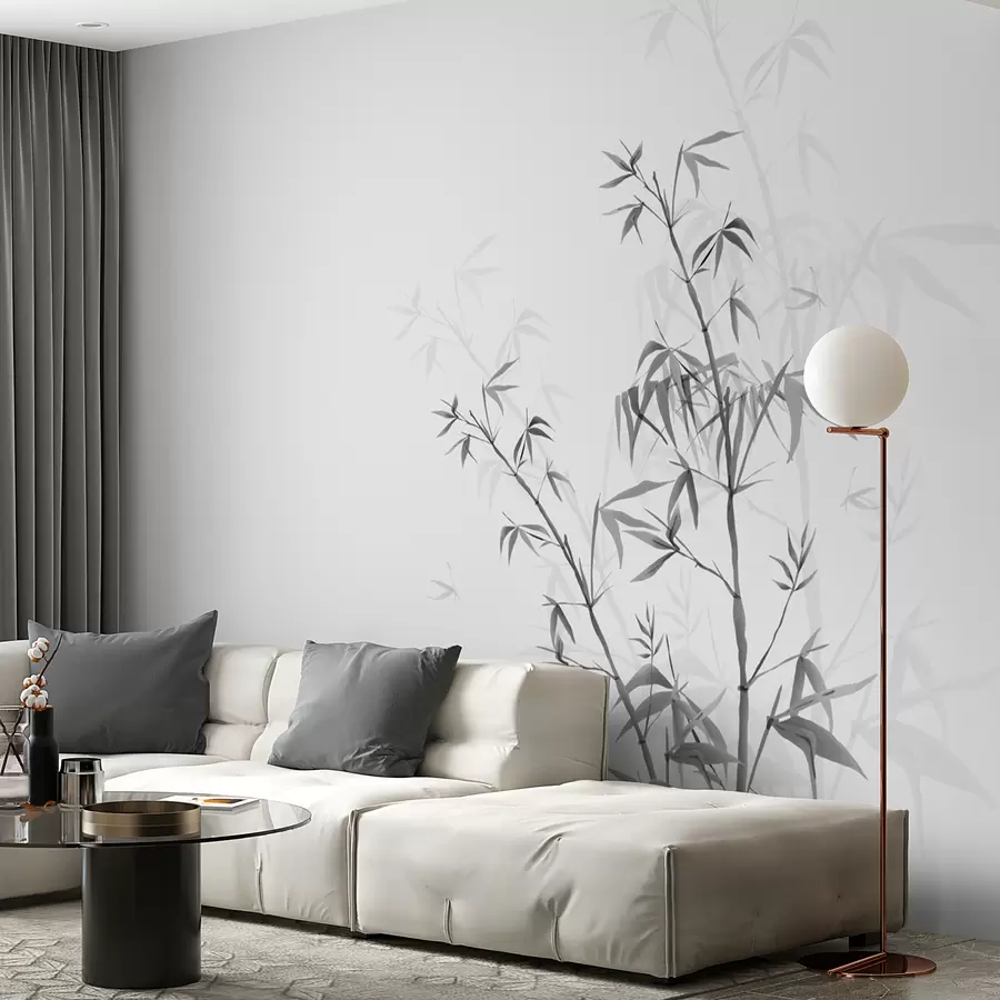 murais de parede Estilo minimalista Japandi planta bambu Chinoiserie cor cinza w00546v1