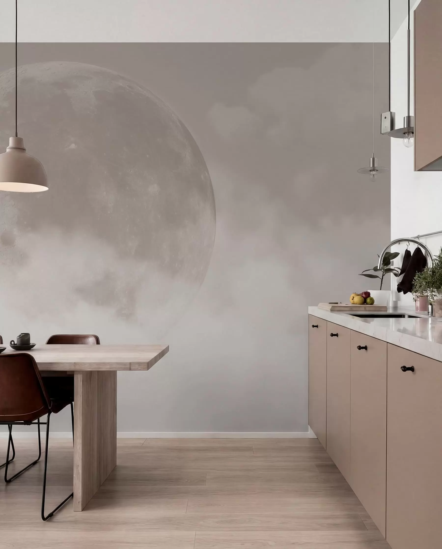 murais de parede Lua grande entre as nuvens de estilo loft de cor bege w00548