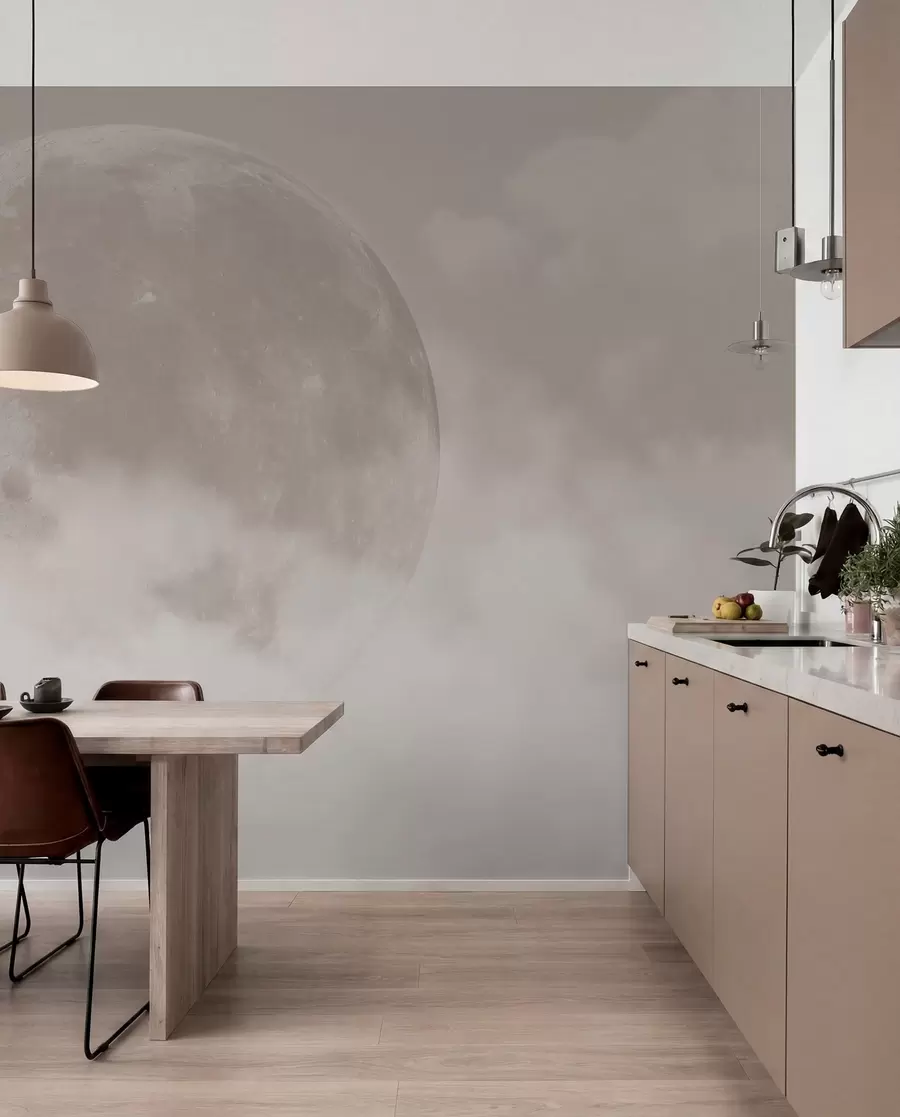 murais de parede Lua grande entre as nuvens de estilo loft de cor bege w00548