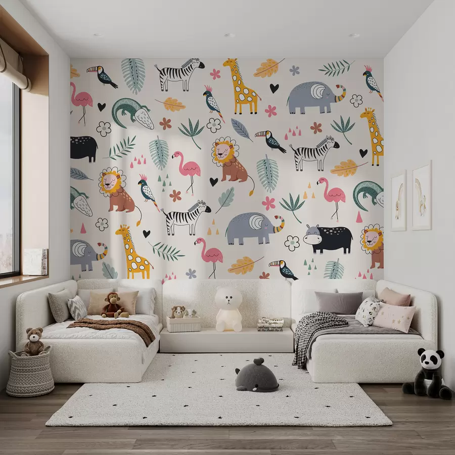murais de parede animais, leões, girafas, elefantes, folhas, quarto de bebê w00555