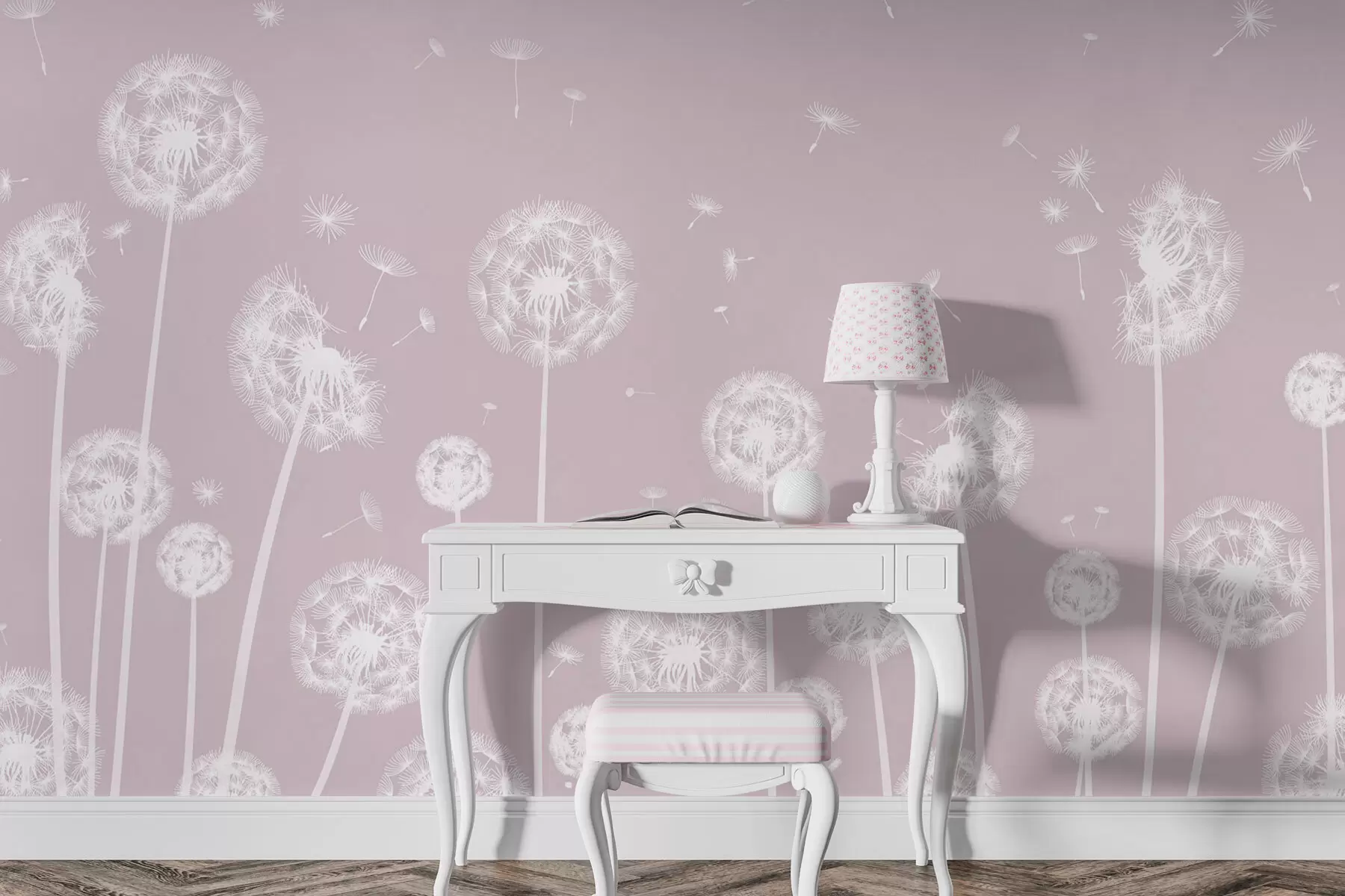 murais de parede Um campo de dentes-de-leão com fundo rosa claro e manchado w00657v1