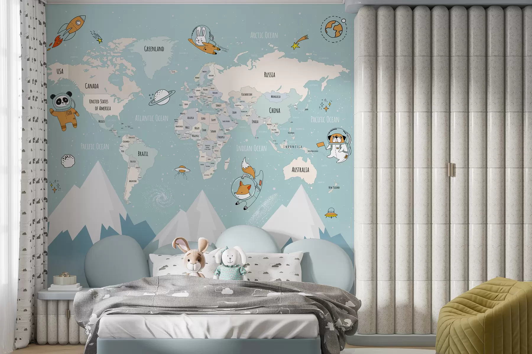 murais de parede Mapa dos países do mundo com astronautas animais w00066d1