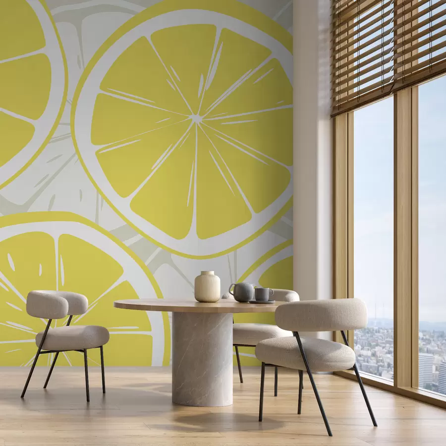 murais de parede Fatias de limão, frutas cítricas cortadas, abstração, frutas, cor amarela w00725v2